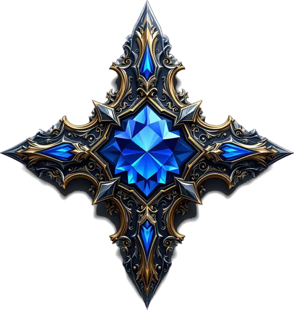 The MUNEWERA crystal emblem: a four-point star of gold and dark steel around a blue crystal core